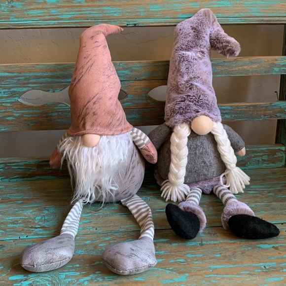 Gnome Shelf Sitters Pair Grays/White/Mauve Plush Decor 11” - Picture 1 of 7